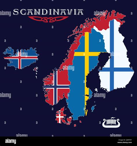 Viking style design. Scandinavian countries map with national flags ...