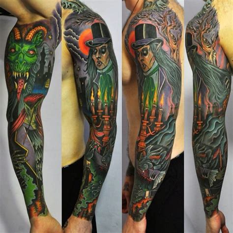 Horror cartoon like colorful various monsters tattoo on sleeve ...