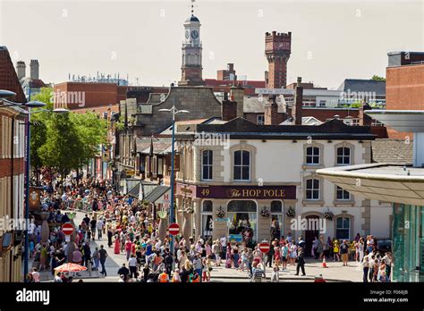 Warrington town centre in Cheshire, 49 Horsemarket street Hop Pole Restaurant People crowds many ...