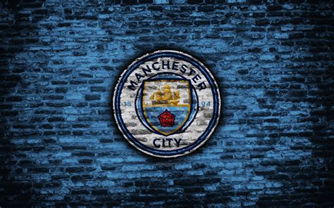 Download wallpapers Manchester City FC, logo, blur brick wall, Premier League, English football ...