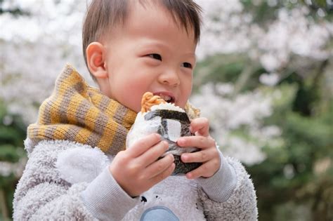 Lindo niño pequeño asiático mordiendo y comiendo onigiri, comida ...