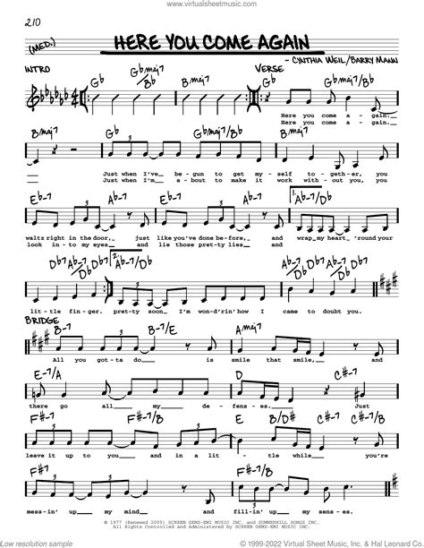 Here You Come Again sheet music (real book with lyrics) (PDF)