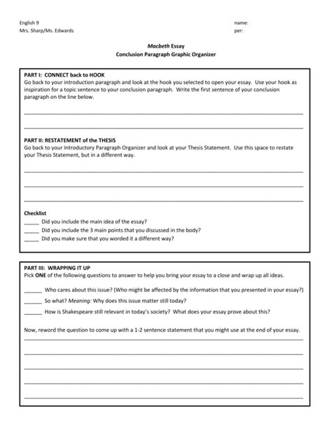 Conclusion Paragraph Graphic Organizer