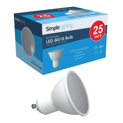 Pack of 25 5w Dimmable GU10 LED Bulbs in Cool, Natural or Warm White Light