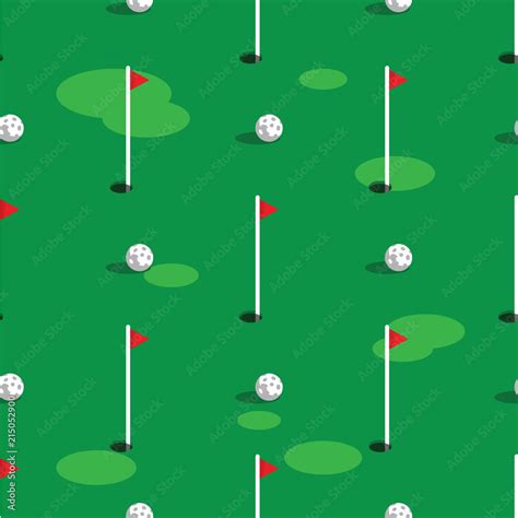 Golf course pattern background. Green grass and hole on golf field. Flags and balls on green ...