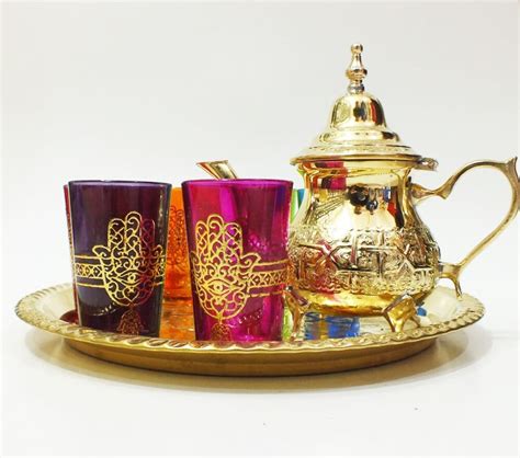 Best Moroccan Vintage Tea Set Gold - Hand Engraved Brass (8-Piece Set)