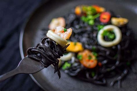 Squid Ink Pasta With Seafood and White Wine Sauce