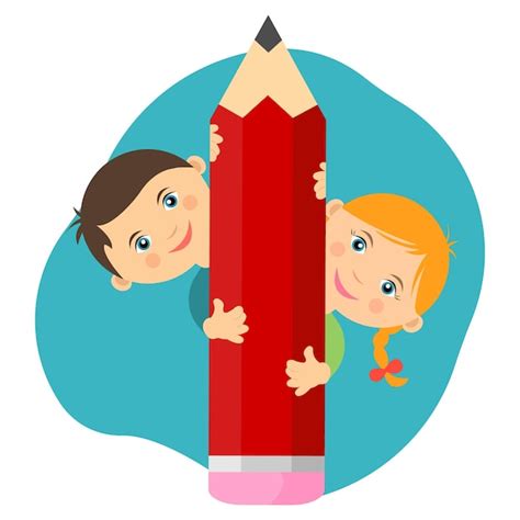 Premium Vector | Boy and girl looking out from behind a big pencilkids back to schoolcolorful ...