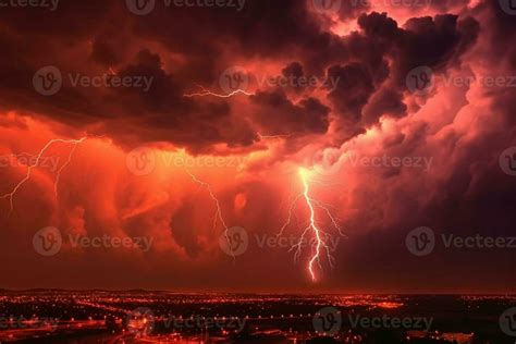 Ominous red sky illuminated by fierce lightning strikes. AI Generated ...