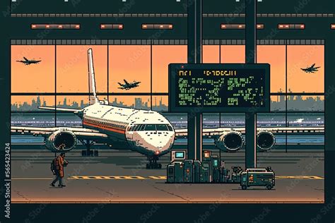 Pixel art airport with airplane, background in retro style for 8 bit ...