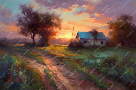 Premium AI Image | A painting of a house in a field with a sunset in the background.