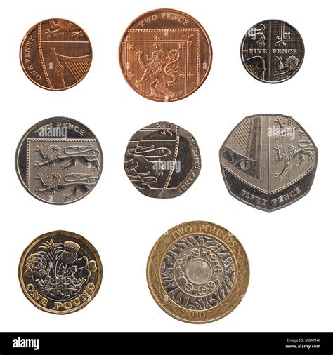 Full range of British coins money (GBP), currency of United Kingdom, from 1 Penny to 2 Pounds ...