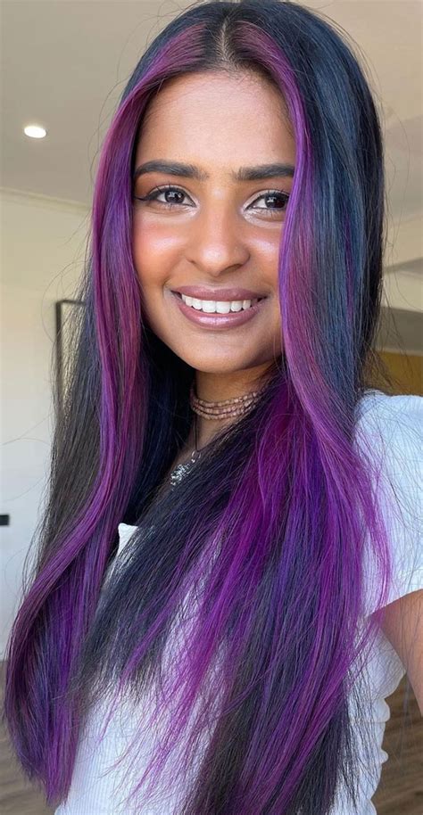 40 Cute Money Piece Hair Highlights : Purple Money Piece Dark Hair