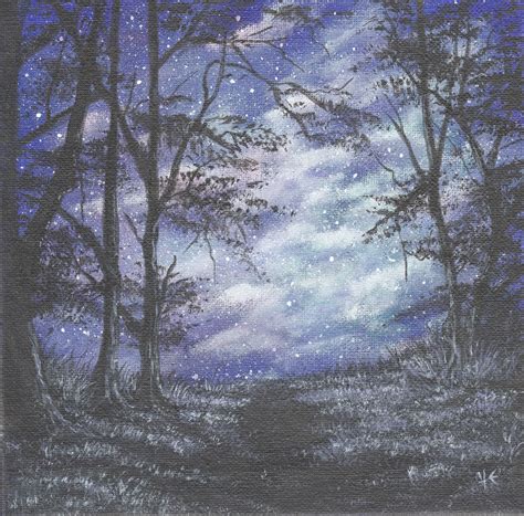 Starry Night. An acrylic painting of a pathway in a nightime forest 20 ...