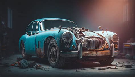 Old Car Repair Garage, Cinematic Lighting, Wallpaper. Vintage Car Inside the Garage Stock ...