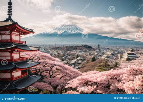 Mt Fuji and Cherry Blossom at Kawaguchiko Lake in Japan Stock Illustration - Illustration of ...