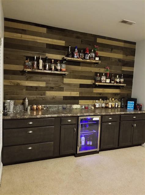 Basement Bar - Shiplap Floating Shelves | Home bar designs, Diy home bar, Basement bar plans