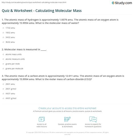 Quiz & Worksheet - Calculating Molecular Mass | Study.com