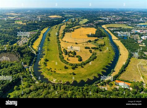 Aerial view of the Ruhr with Ruhr arch and river groynes at the ...