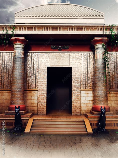 Fantasy scene with the entrance to an ancient Egyptian temple, with columns and Bast statues ...