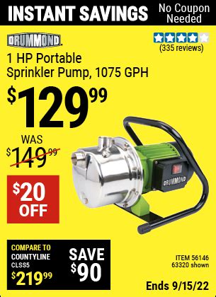 DRUMMOND 1 HP Portable Sprinkling Pump 1075 GPH for $129.99 – Harbor Freight Coupons