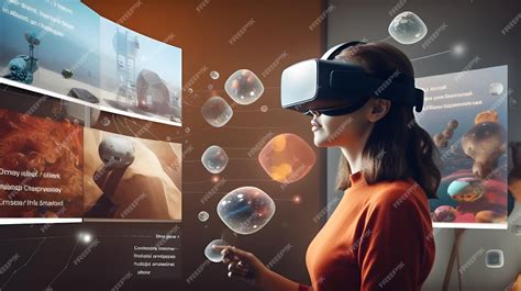 Woman using VR headset and looking on virtual ar user interface UI with multiple apps Work with ...