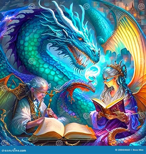 A Digital Illustration of a Dragon Reading a Book in a Fantasy World. AI Generated Stock ...