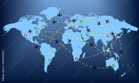 Plane routes over world map with markers or map pointers. Travel by ...