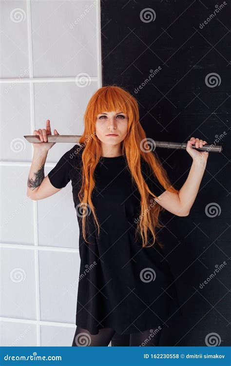 Girl Sword Japan Cosplayer Anime Red Hair Stock Photo - Image of ...