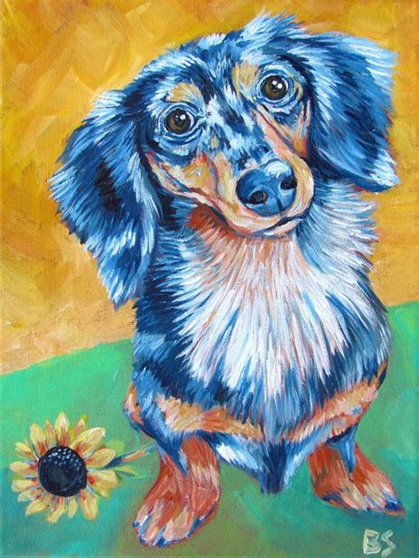 Dachshund Art Print of Blue Dapple Longhaired Doxie and | Etsy