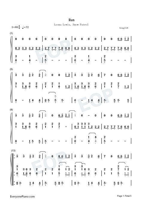 Run-Leona Lewis Numbered Musical Notation Preview