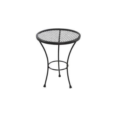 an outdoor table with metal mesh on the top and black iron frame, against a white background