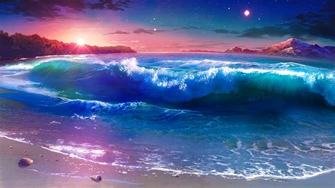 Beach, Waves, Sunset, Scenery, Anime, 4K, #121 Wallpaper PC Desktop