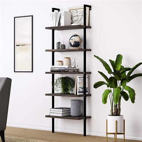 Industrial 5-Tier Ladder Shelf Bookcase, Wall-mounted Wood Shelves Bookshelf with Metal Frame ...
