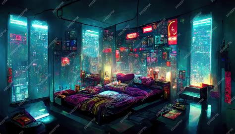 Premium Photo | Cosy cyberpunk futuristic bedroom concept art illustration