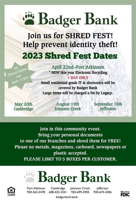 Shred Fest & 1 DAY ONLY Electronic Recycling, Badger Bank Fort Atkinson Branch, 22 April 2023 ...