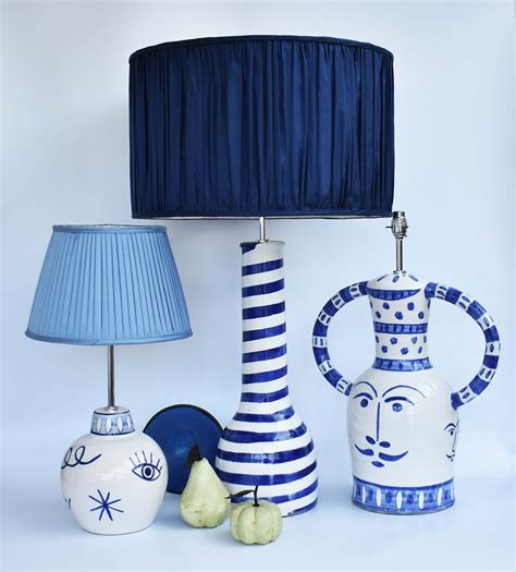 Bomba – Ceramic Blue & White Table Lamp – with symbols – Kinkatou Studio London