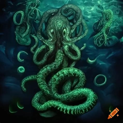 Lovecraft cthulhu with tentacles green and dark underwater