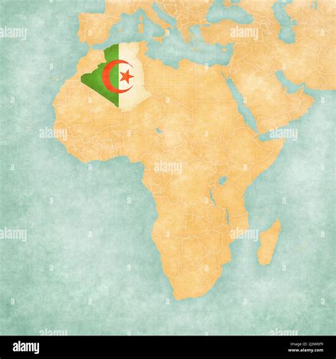 Algeria (Algerian flag) on the map of Africa. The Map is in vintage ...