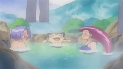 Jessie, James and Meowth relax in a hot spring as their trousers float ...