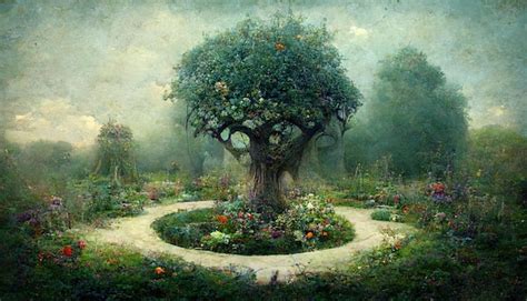 Jardín del edén con el árbol de la vida árbol del conocimiento hermosa ilustraciónxA | Foto Premium