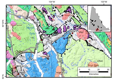 Geological map of Tagish Lake area showing location of samples... | Download Scientific Diagram