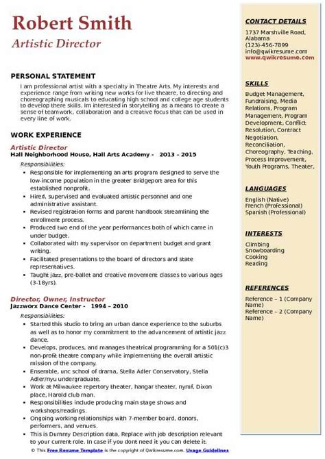 Artistic Director Resume Samples | QwikResume