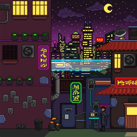 an image of a city at night with neon signs and buildings in the foreground