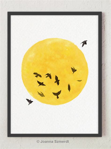 Sun Art Print, Sun Wall Art, Yellow and Black Wall Decor, Modern Poster, Sun and Birds Painting ...