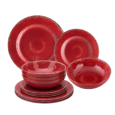 Gourmet Art 12-Piece Crackle Melamine Dinnerware Set, Red, Service for 4. Includes Dinner Plates ...