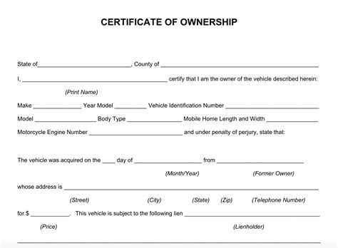 Certificate Of Ownership Template