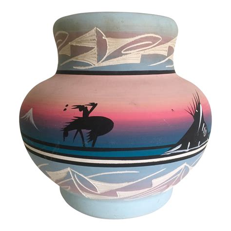 Vintage Signed Navajo Native American Pink Mesa Sunset Hand Painted Pottery Vase | Chairish