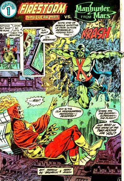 New Justice Leaguer Firestorm faces original Justice Leaguer Martian Manhunter. Can you say K.O ...