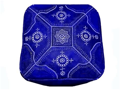 Moroccan Leather Tile Ottoman - Square - Blue | Embroidered Pouf By Moroccan Corridor®